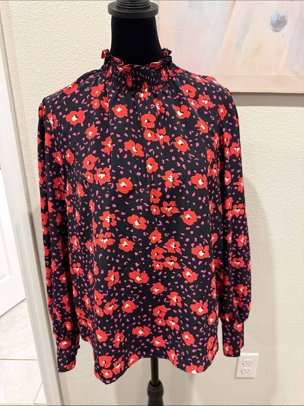 Sanctuary Black Floral Long-Sleeve Dress Soft Fabric Shirt